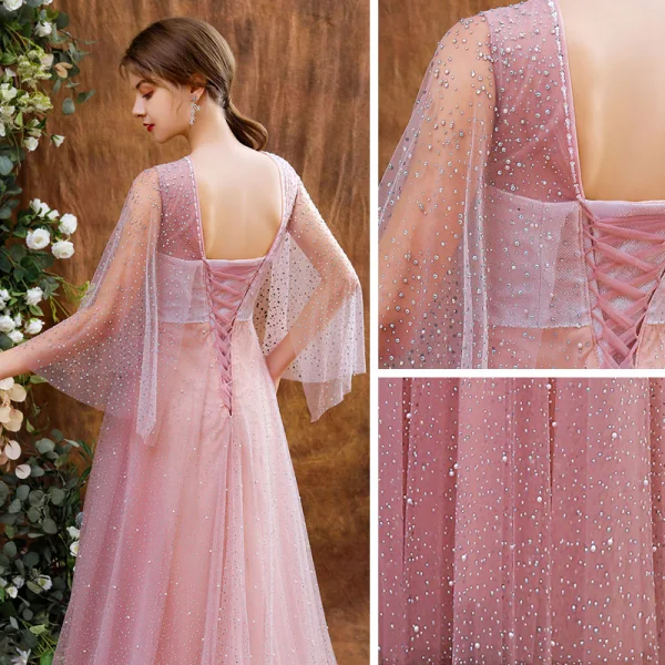 High-end Blushing Pink See-through Dancing Prom Dresses 2021 A-Line / Princess Scoop Neck 3/4 Sleeve Beading Pearl Rhinestone Floor-Length / Long Ruffle Backless Formal Dresses