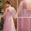 High-end Blushing Pink See-through Dancing Prom Dresses 2021 A-Line / Princess Scoop Neck 3/4 Sleeve Beading Pearl Rhinestone Floor-Length / Long Ruffle Backless Formal Dresses