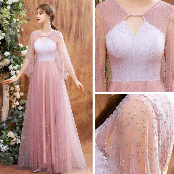 High-end Blushing Pink See-through Dancing Prom Dresses 2021 A-Line / Princess Scoop Neck 3/4 Sleeve Beading Pearl Rhinestone Floor-Length / Long Ruffle Backless Formal Dresses