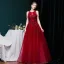 High-end Burgundy Dancing Prom Dresses 2021 A-Line / Princess Scoop Neck Sleeveless Appliques Lace Sequins Beading Glitter Tulle Floor-Length / Long Ruffle Backless Formal Dresses
