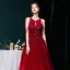 High-end Burgundy Dancing Prom Dresses 2021 A-Line / Princess Scoop Neck Sleeveless Appliques Lace Sequins Beading Glitter Tulle Floor-Length / Long Ruffle Backless Formal Dresses