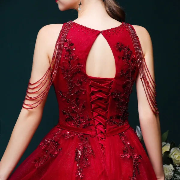 High-end Burgundy Dancing Prom Dresses 2021 A-Line / Princess Scoop Neck Sleeveless Appliques Lace Sequins Beading Glitter Tulle Floor-Length / Long Ruffle Backless Formal Dresses