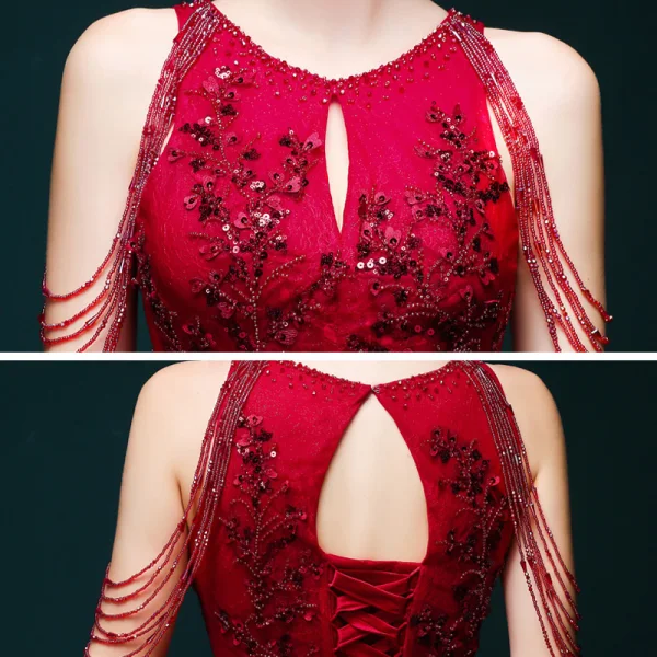 High-end Burgundy Dancing Prom Dresses 2021 A-Line / Princess Scoop Neck Sleeveless Appliques Lace Sequins Beading Glitter Tulle Floor-Length / Long Ruffle Backless Formal Dresses