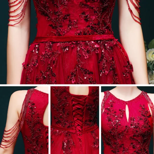 High-end Burgundy Dancing Prom Dresses 2021 A-Line / Princess Scoop Neck Sleeveless Appliques Lace Sequins Beading Glitter Tulle Floor-Length / Long Ruffle Backless Formal Dresses
