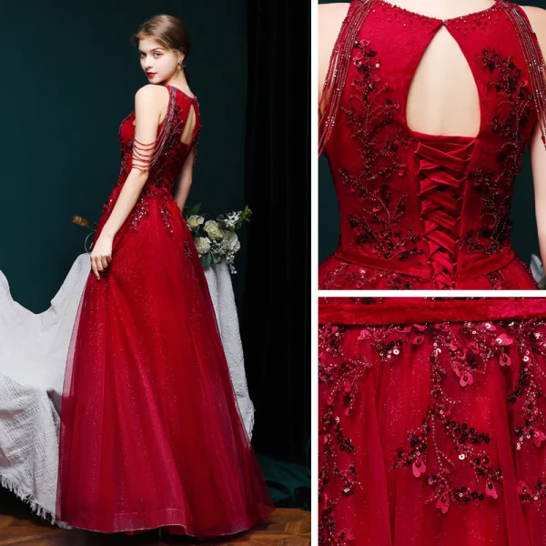 High-end Burgundy Dancing Prom Dresses 2021 A-Line / Princess Scoop Neck Sleeveless Appliques Lace Sequins Beading Glitter Tulle Floor-Length / Long Ruffle Backless Formal Dresses