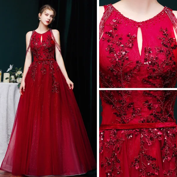 High-end Burgundy Dancing Prom Dresses 2021 A-Line / Princess Scoop Neck Sleeveless Appliques Lace Sequins Beading Glitter Tulle Floor-Length / Long Ruffle Backless Formal Dresses