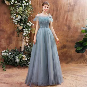 High End Salvie Grønn Dancing Ballkjoler Med Sjal 2021 Prinsesse Spaghettistropper Uten Ermer Beading Glitter Tyll Lange Buste Ryggløse Formelle Kjoler