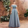 High-end Sage Green Dancing Prom Dresses With Shawl 2021 A-Line / Princess Spaghetti Straps Sleeveless Beading Glitter Tulle Floor-Length / Long Ruffle Backless Formal Dresses