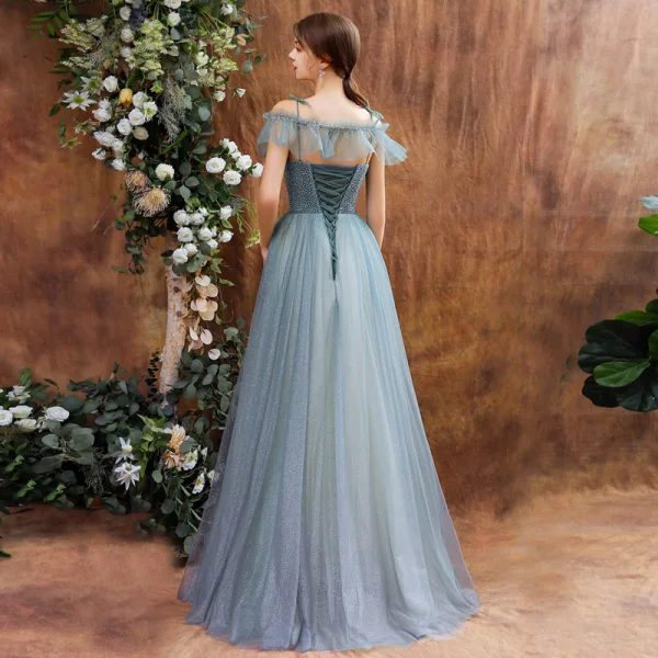 High-end Sage Green Dancing Prom Dresses With Shawl 2021 A-Line / Princess Spaghetti Straps Sleeveless Beading Glitter Tulle Floor-Length / Long Ruffle Backless Formal Dresses