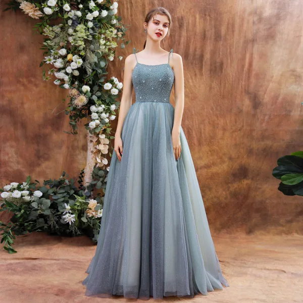High-end Sage Green Dancing Prom Dresses With Shawl 2021 A-Line / Princess Spaghetti Straps Sleeveless Beading Glitter Tulle Floor-Length / Long Ruffle Backless Formal Dresses
