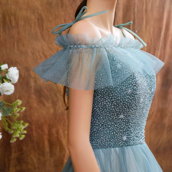 High-end Sage Green Dancing Prom Dresses With Shawl 2021 A-Line / Princess Spaghetti Straps Sleeveless Beading Glitter Tulle Floor-Length / Long Ruffle Backless Formal Dresses