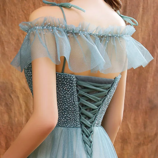 High-end Sage Green Dancing Prom Dresses With Shawl 2021 A-Line / Princess Spaghetti Straps Sleeveless Beading Glitter Tulle Floor-Length / Long Ruffle Backless Formal Dresses