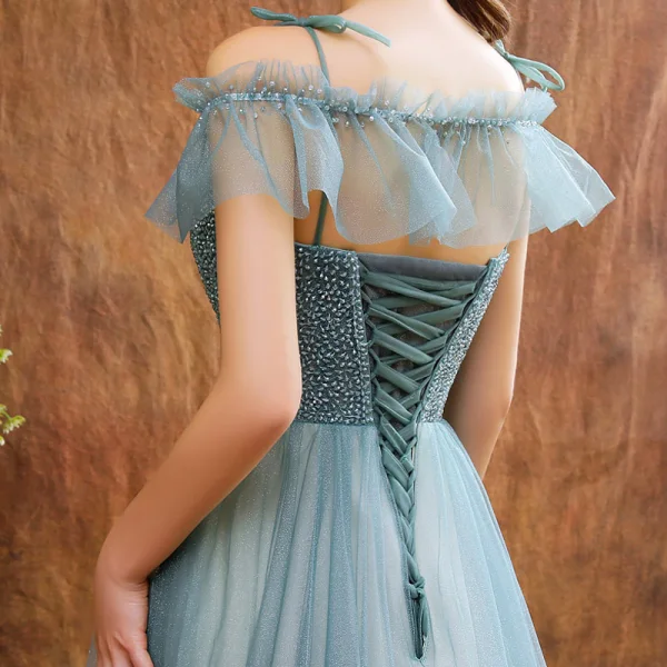 High-end Sage Green Dancing Prom Dresses With Shawl 2021 A-Line / Princess Spaghetti Straps Sleeveless Beading Glitter Tulle Floor-Length / Long Ruffle Backless Formal Dresses