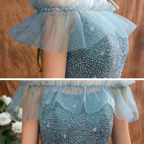 High-end Sage Green Dancing Prom Dresses With Shawl 2021 A-Line / Princess Spaghetti Straps Sleeveless Beading Glitter Tulle Floor-Length / Long Ruffle Backless Formal Dresses