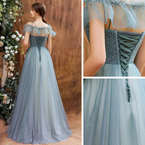 High-end Sage Green Dancing Prom Dresses With Shawl 2021 A-Line / Princess Spaghetti Straps Sleeveless Beading Glitter Tulle Floor-Length / Long Ruffle Backless Formal Dresses