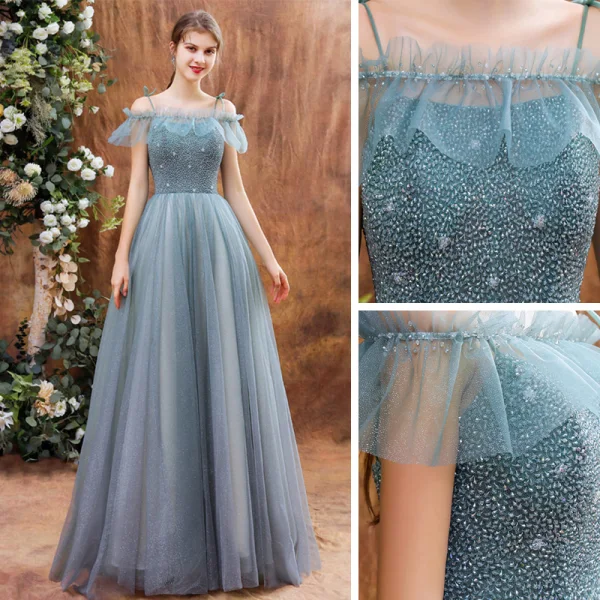 High-end Sage Green Dancing Prom Dresses With Shawl 2021 A-Line / Princess Spaghetti Straps Sleeveless Beading Glitter Tulle Floor-Length / Long Ruffle Backless Formal Dresses
