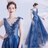 Chic / Beautiful Royal Blue See-through Dancing Prom Dresses 2021 A-Line / Princess Square Neckline Sleeveless Sequins Beading Floor-Length / Long Ruffle Backless Formal Dresses