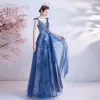 Chic / Beautiful Royal Blue See-through Dancing Prom Dresses 2021 A-Line / Princess Square Neckline Sleeveless Sequins Beading Floor-Length / Long Ruffle Backless Formal Dresses