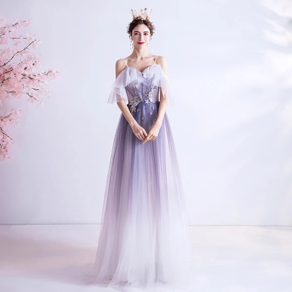 Chic / Beautiful Lavender Appliques Star Prom Dresses 2021 A-Line / Princess Spaghetti Straps Short Sleeve Glitter Tulle Floor-Length / Long Ruffle Backless Formal Dresses