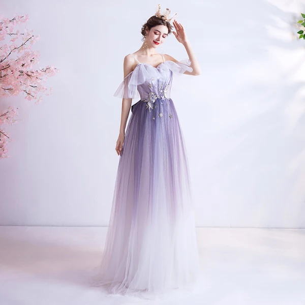 Chic / Beautiful Lavender Appliques Star Prom Dresses 2021 A-Line / Princess Spaghetti Straps Short Sleeve Glitter Tulle Floor-Length / Long Ruffle Backless Formal Dresses