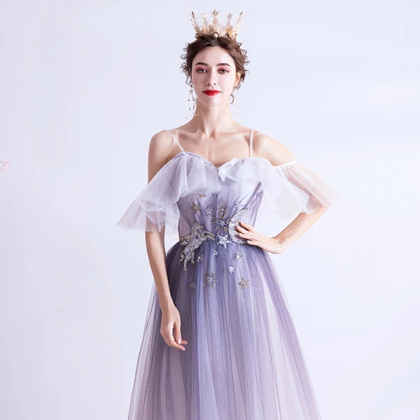 Chic / Beautiful Lavender Appliques Star Prom Dresses 2021 A-Line / Princess Spaghetti Straps Short Sleeve Glitter Tulle Floor-Length / Long Ruffle Backless Formal Dresses