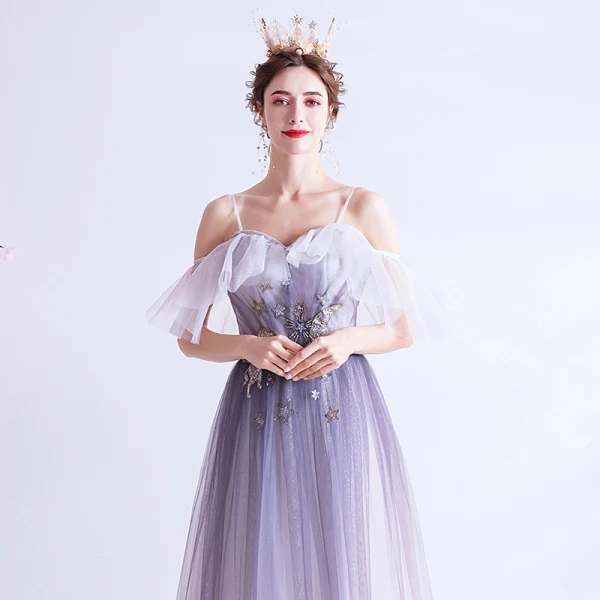Chic / Beautiful Lavender Appliques Star Prom Dresses 2021 A-Line / Princess Spaghetti Straps Short Sleeve Glitter Tulle Floor-Length / Long Ruffle Backless Formal Dresses