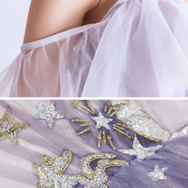 Chic / Beautiful Lavender Appliques Star Prom Dresses 2021 A-Line / Princess Spaghetti Straps Short Sleeve Glitter Tulle Floor-Length / Long Ruffle Backless Formal Dresses