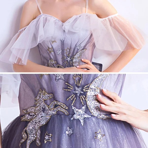 Chic / Beautiful Lavender Appliques Star Prom Dresses 2021 A-Line / Princess Spaghetti Straps Short Sleeve Glitter Tulle Floor-Length / Long Ruffle Backless Formal Dresses