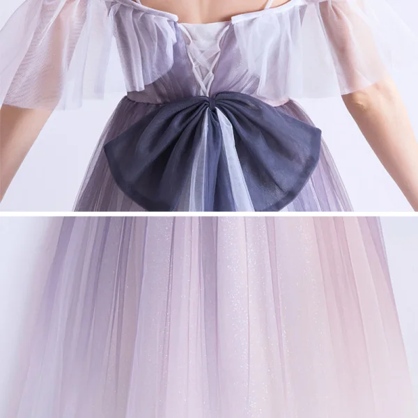 Chic / Beautiful Lavender Appliques Star Prom Dresses 2021 A-Line / Princess Spaghetti Straps Short Sleeve Glitter Tulle Floor-Length / Long Ruffle Backless Formal Dresses