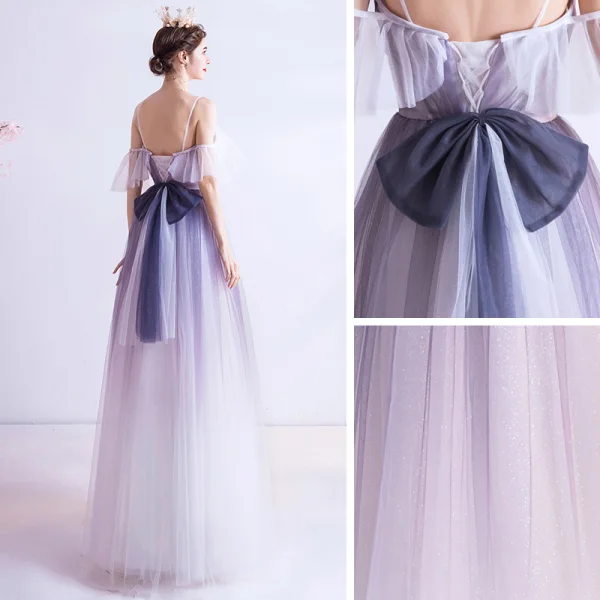 Chic / Beautiful Lavender Appliques Star Prom Dresses 2021 A-Line / Princess Spaghetti Straps Short Sleeve Glitter Tulle Floor-Length / Long Ruffle Backless Formal Dresses