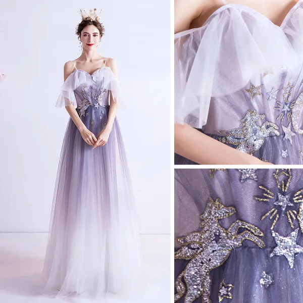 Chic / Beautiful Lavender Appliques Star Prom Dresses 2021 A-Line / Princess Spaghetti Straps Short Sleeve Glitter Tulle Floor-Length / Long Ruffle Backless Formal Dresses