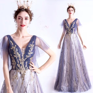 Bling Bling Grape Dansant Robe De Bal 2021 Princesse Col V Profond Sans Manches Glitter Appliques Paillettes Longue Volants Dos Nu Robe De Ceremonie