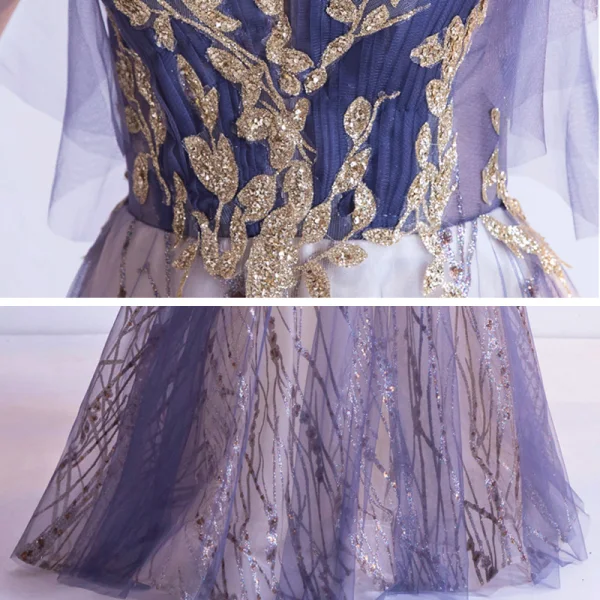 Bling Bling Grape Dansant Robe De Bal 2021 Princesse Col v profond Sans Manches Glitter Appliques Paillettes Longue Volants Dos Nu Robe De Ceremonie