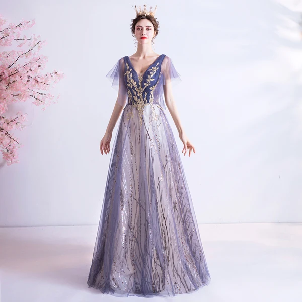Bling Bling Grape Dansant Robe De Bal 2021 Princesse Col v profond Sans Manches Glitter Appliques Paillettes Longue Volants Dos Nu Robe De Ceremonie