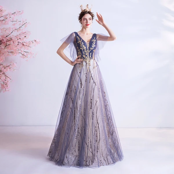Bling Bling Grape Dansant Robe De Bal 2021 Princesse Col v profond Sans Manches Glitter Appliques Paillettes Longue Volants Dos Nu Robe De Ceremonie