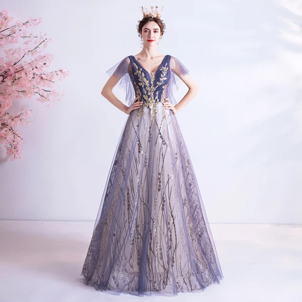 Bling Bling Grape Dansant Robe De Bal 2021 Princesse Col v profond Sans Manches Glitter Appliques Paillettes Longue Volants Dos Nu Robe De Ceremonie
