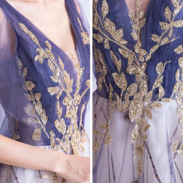 Bling Bling Grape Dansant Robe De Bal 2021 Princesse Col v profond Sans Manches Glitter Appliques Paillettes Longue Volants Dos Nu Robe De Ceremonie