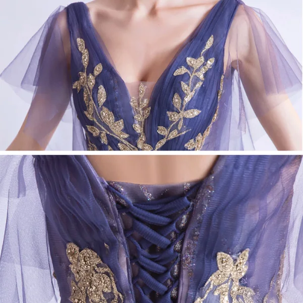 Bling Bling Grape Dansant Robe De Bal 2021 Princesse Col v profond Sans Manches Glitter Appliques Paillettes Longue Volants Dos Nu Robe De Ceremonie