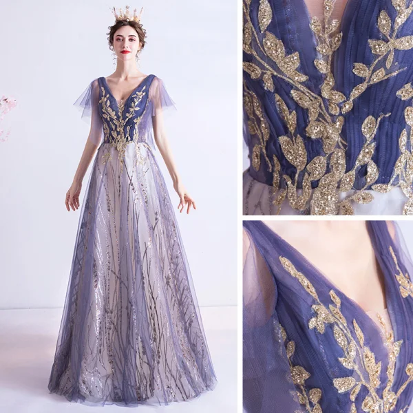 Bling Bling Grape Dansant Robe De Bal 2021 Princesse Col v profond Sans Manches Glitter Appliques Paillettes Longue Volants Dos Nu Robe De Ceremonie