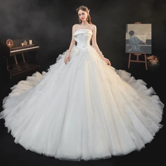 High End Ivory Organza Bridal Wedding Dresses 2021 Ball Gown Strapless Sleeveless Backless Appliques Lace Sequins Beading Cathedral Train Ruffle