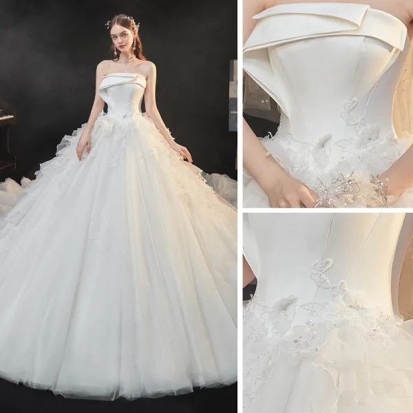 High-end Ivory Organza Bridal Wedding Dresses 2021 Ball Gown Strapless Sleeveless Backless Appliques Lace Sequins Beading Cathedral Train Ruffle