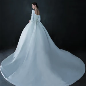 Vintage Retro Ivory Satin Winter Bridal Wedding Dresses 2021 Ball Gown Square Neckline Long Sleeve Backless Cathedral Train Ruffle