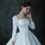 Vintage / Retro Ivory Satin Winter Bridal Wedding Dresses 2021 Ball Gown Square Neckline Long Sleeve Backless Cathedral Train Ruffle