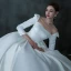 Vintage / Retro Ivory Satin Winter Bridal Wedding Dresses 2021 Ball Gown Square Neckline Long Sleeve Backless Cathedral Train Ruffle
