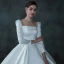 Vintage / Retro Ivory Satin Winter Bridal Wedding Dresses 2021 Ball Gown Square Neckline Long Sleeve Backless Cathedral Train Ruffle