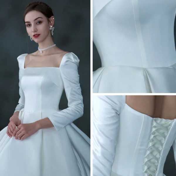 Vintage / Retro Ivory Satin Winter Bridal Wedding Dresses 2021 Ball Gown Square Neckline Long Sleeve Backless Cathedral Train Ruffle