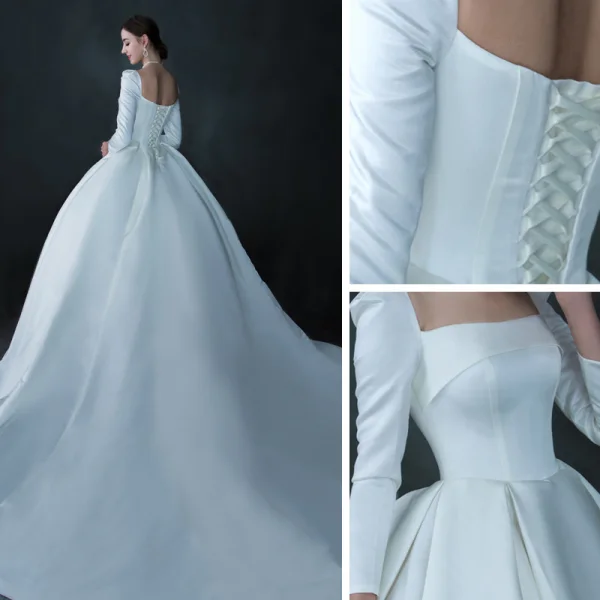 Vintage / Retro Ivory Satin Winter Bridal Wedding Dresses 2021 Ball Gown Square Neckline Long Sleeve Backless Cathedral Train Ruffle