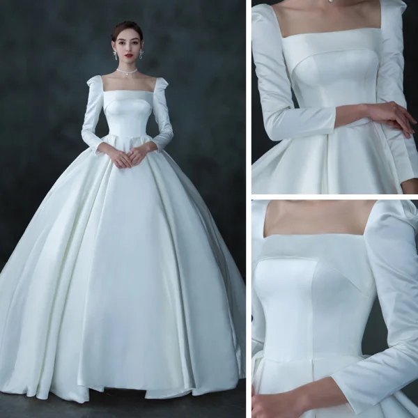 Vintage / Retro Ivory Satin Winter Bridal Wedding Dresses 2021 Ball Gown Square Neckline Long Sleeve Backless Cathedral Train Ruffle