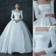 Vintage / Retro Ivory Satin Winter Bridal Wedding Dresses 2021 Ball Gown Square Neckline Long Sleeve Backless Cathedral Train Ruffle
