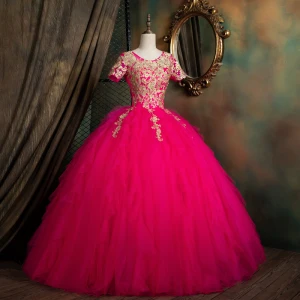 Vintage Fuchsia Dansen Galajurken 2021 Baljurk Ronde Hals Korte Mouwen Appliques Kant Kralen Parel Lange Ruche Ruglooze Gelegenheid Jurken